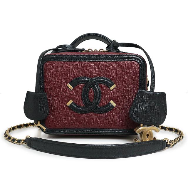 （未使用　展示品）シャネル CHANEL マトラッセ CCフィリグリー ココマーク スモール バニティ 2Way チェーン ショルダー ハンドバッグ 斜め掛け キャビアスキン レザー ボルドー ブラック 黒 アンティークゴールド金具 A93342