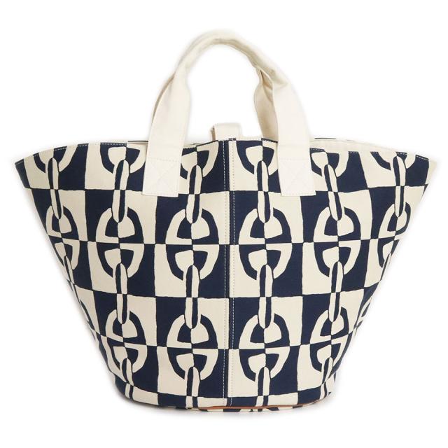 （美品）エルメス HERMES パニエドプラージュ PM シェーヌダンクル トートバッグ コットンキャンバス ホワイト ブルー 白 青 シルバー金具