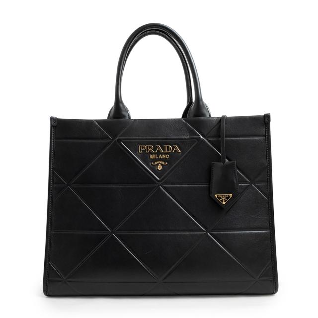 （美品）プラダ PRADA シンボル トップ ステッチ トート ミディアム ハンドバッグ ソフトカーフ レザー ネロ ブラック 黒 ゴールド金具 1BA378