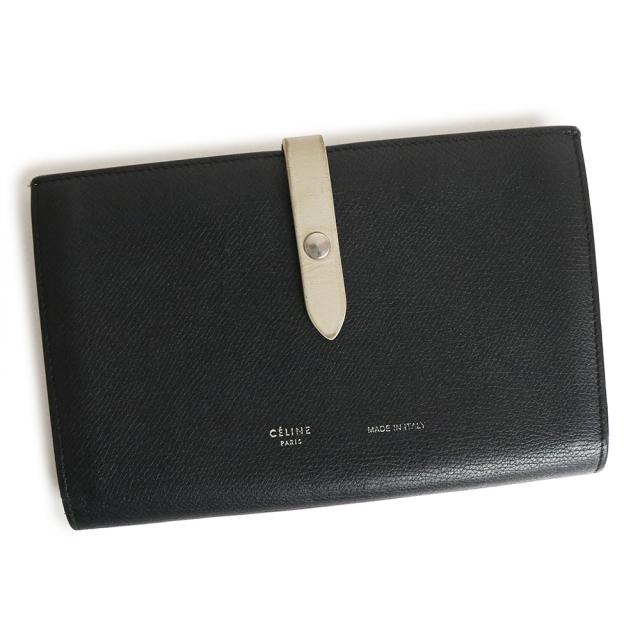 （中古）セリーヌ CELINE ラージ ストラップウォレット 二つ折り長財布 グレインカーフレザー ブラック ベージュ 黒 シルバー金具 10B633BFP