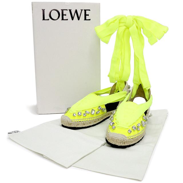 （未使用　展示品）ロエベ LOEWE パウラズイビザ PAULA S IBIZA クリスタル リボンエスパドリーユ サンダル 靴 #36 23cm キャンバス イエロー 黄 シルバー金具 L000283X03_1