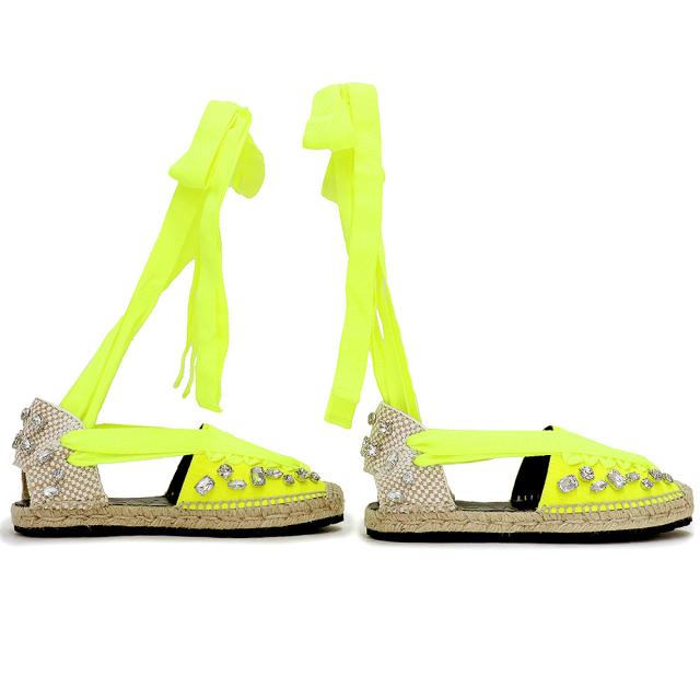 （未使用　展示品）ロエベ LOEWE パウラズイビザ PAULA S IBIZA クリスタル リボンエスパドリーユ サンダル 靴 #36 23cm キャンバス イエロー 黄 シルバー金具 L000283X03_3