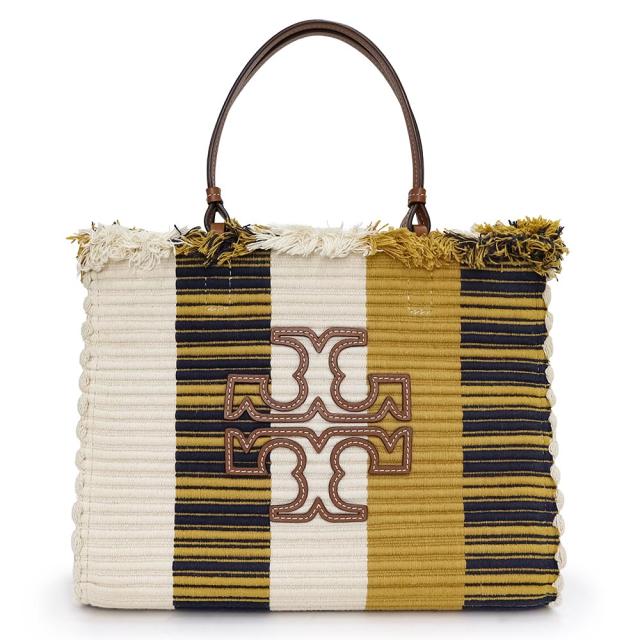 （中古）トリーバーチ Tory Burch エラ ウーブン ストライプ フリンジ トートバッグ キャンバス マルチカラー マリーゴールド オーカー ベージュ ゴールド金具 142715