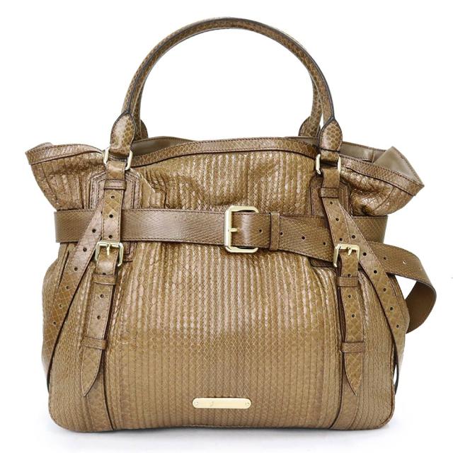 （美品）バーバリー BURBERRY プローサム ハンドバッグ パイソン エキゾチックレザー ブラウン 茶 ゴールド金具