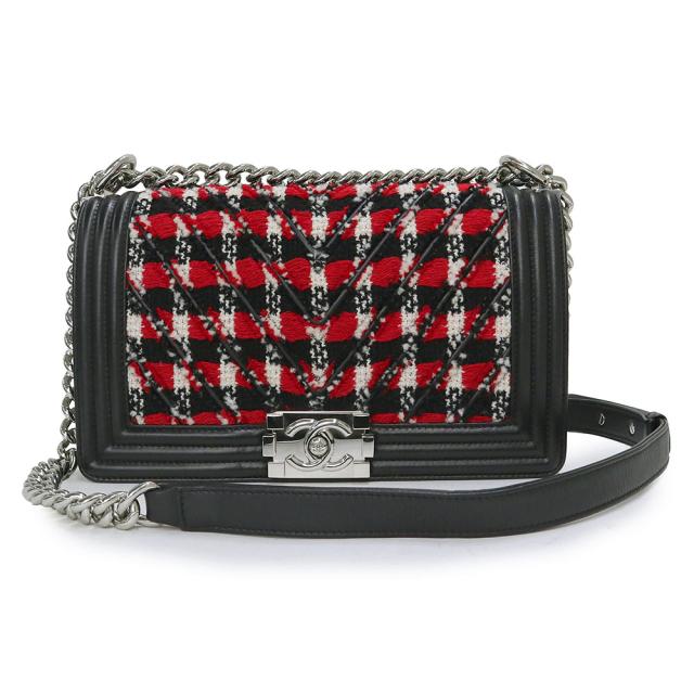 （美品）シャネル CHANEL ココマーク ボーイシャネル チェーン 2way ショルダーバッグ 斜め掛け レザー ツイード レッド ブラック 赤 黒 シルバー金具 A67086