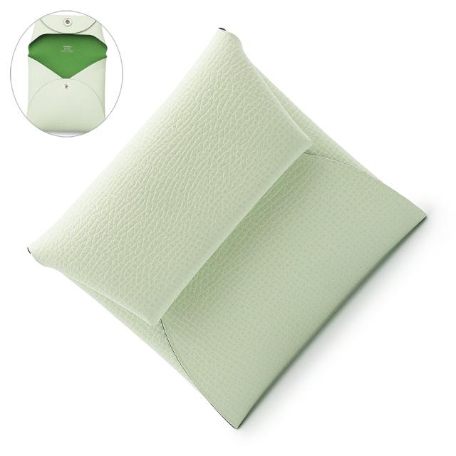 （新品・未使用品）エルメス HERMES バスティア GM ヴェルソ ケース 小銭入れ 財布 ヴォーエプソン レザー バイカラー ヴェールフィズ ヴェールユッカ ライトグリーン 緑 シルバー金具 B刻印 箱付
