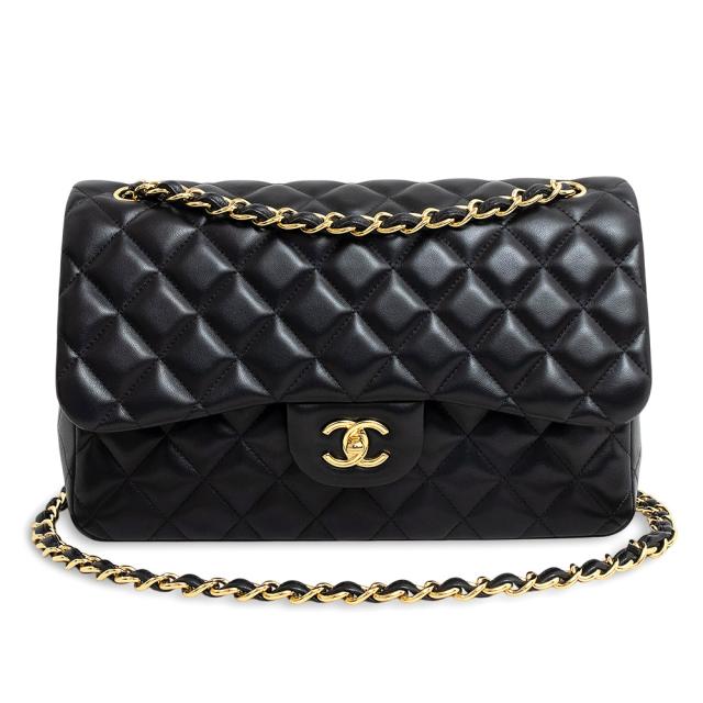 （中古）シャネル CHANEL デカマトラッセ 30 ダブルチェーン Wフラップ 2Way ショルダーバッグ 斜め掛け ラムスキン レザー ブラック 黒 ゴールド金具 A58600 箱付