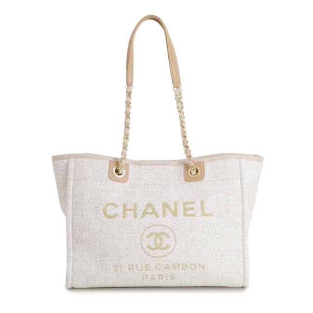 （未使用　展示品）シャネル CHANEL ドーヴィル ミディアム MM チェーン トートバッグ コットンキャンバス レザー ホワイト ベージュ ゴールド 白 A67001