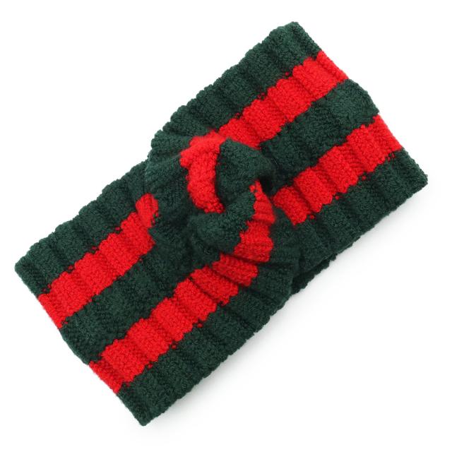 （新品・未使用品）グッチ GUCCI ウェブ シェリーライン ワイド クロスヘアバンド ターバン ヘアアクセサリー Mサイズ #57 ニット グリーン レッド 緑 赤 457838 箱付