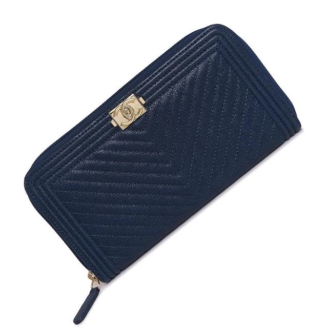 （新品・未使用品）シャネル CHANEL Vステッチ シェブロン ボーイシャネル ラウンドファスナー 長財布 キャビアスキン レザー ネイビー 紺 シャンパンゴールド金具 A80288 箱付