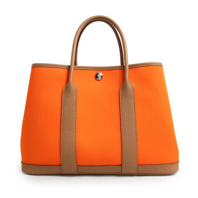 （未使用　展示品）エルメス HERMES ガーデンパーティ 30 TPM ハンドバッグ ネゴンダ レザー トワルオフィシエ キャンバス オレンジ ビスキュイ ベージュ シルバー金具 B刻印