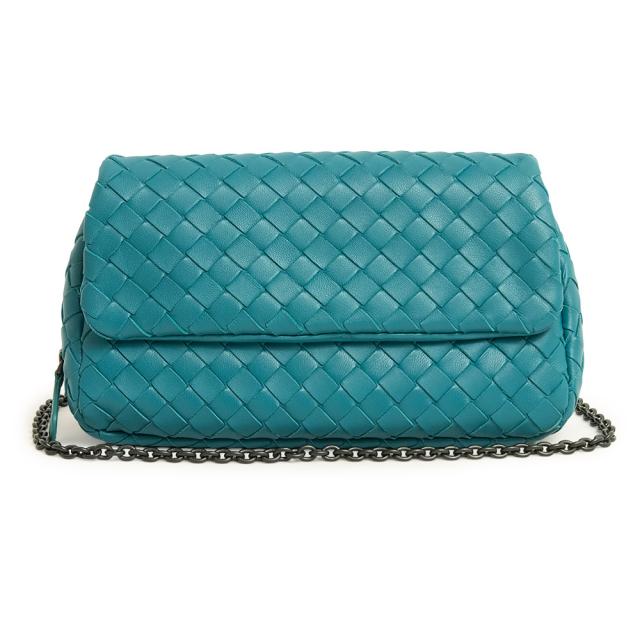 （未使用　展示品）ボッテガヴェネタ BOTTEGA VENETA イントレチャート ミニ チェーン ショルダーバッグ 斜め掛け ラムスキン レザー Canard カナール ブルーグリーン 青緑 ガンメタル金具 310774