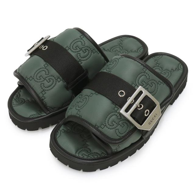 （新品・未使用品）グッチ GUCCI GG キルティング ナイロン バックル付き ベルト サンダル スリッパ 靴 ＃6 25cm グリーン 緑 シルバー金具 776792 箱付