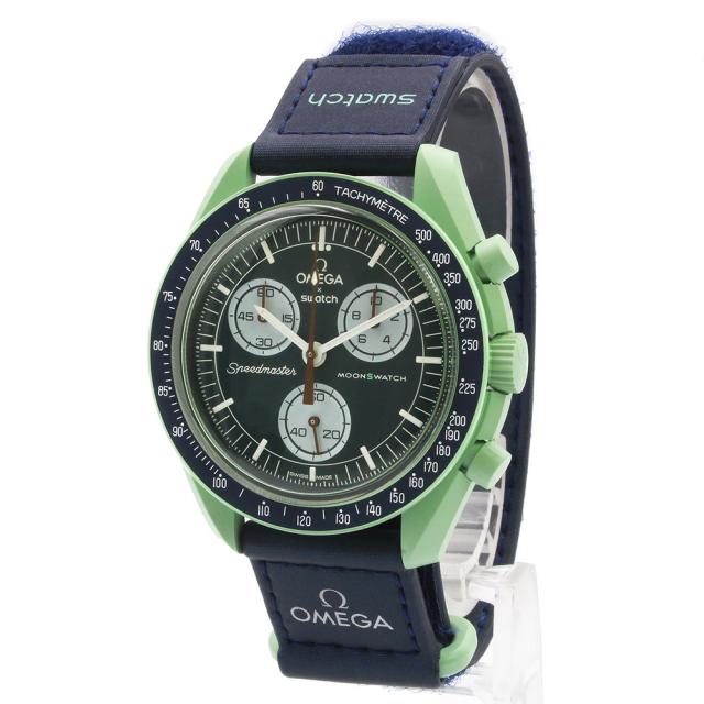 (未使用 展示品)オメガ OMEGA スウォッチ Swatch ミッション オン アース MISSION TO EARTH スピードマスター ムーンスウォッチ クロノグラフ クォーツ 腕時計 ナイロン バイオセラミック グリーン ネイビー 緑 紺 SO33G100 箱付 腕時計メンズ