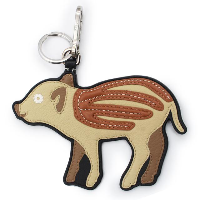 （未使用　展示品）ロエベ LOEWE 猪 ウリ坊 アニマル バッグチャーム キーリング キーホルダー カーフスキン レザー ベージュ ブラウン 茶 シルバー金具