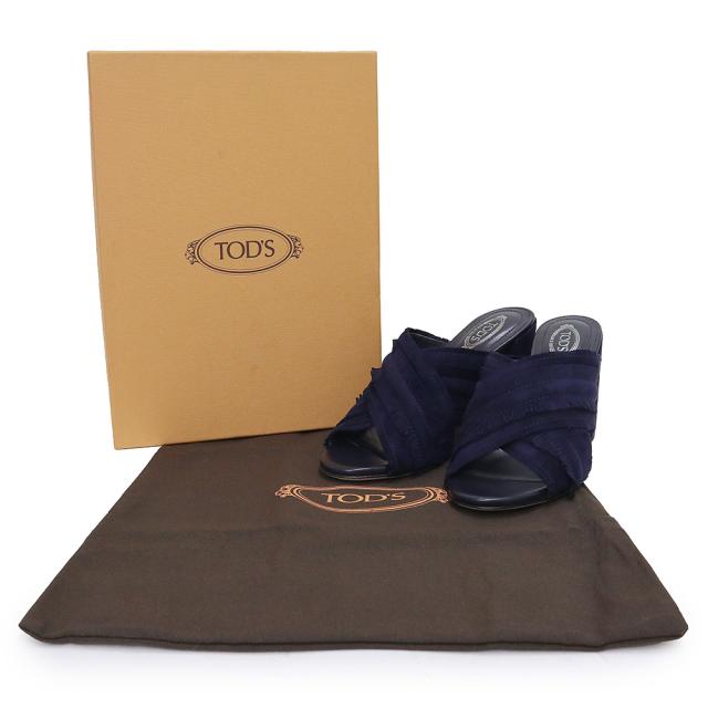 （未使用　展示品）トッズ TOD’S フリンジ クロス ヒール サンダル 靴 スウェード レザー #37.5 24.5cm ネイビー 紺 XXW43B0CL40HR0U824 箱付