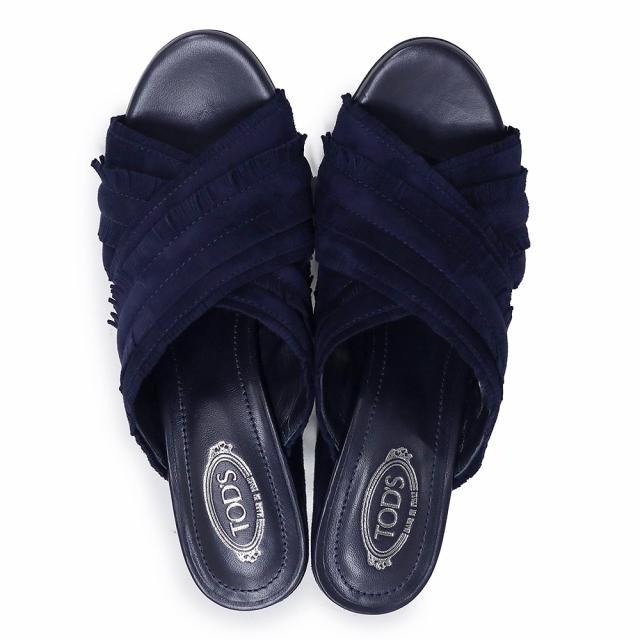 （未使用　展示品）トッズ TOD’S フリンジ クロス ヒール サンダル 靴 スウェード レザー #37.5 24.5cm ネイビー 紺 XXW43B0CL40HR0U824 箱付