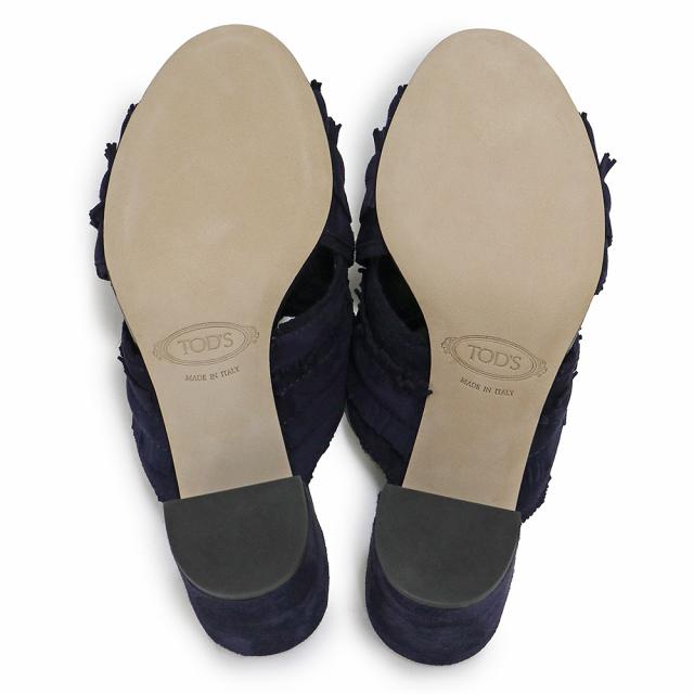 （未使用　展示品）トッズ TOD’S フリンジ クロス ヒール サンダル 靴 スウェード レザー #37.5 24.5cm ネイビー 紺 XXW43B0CL40HR0U824 箱付