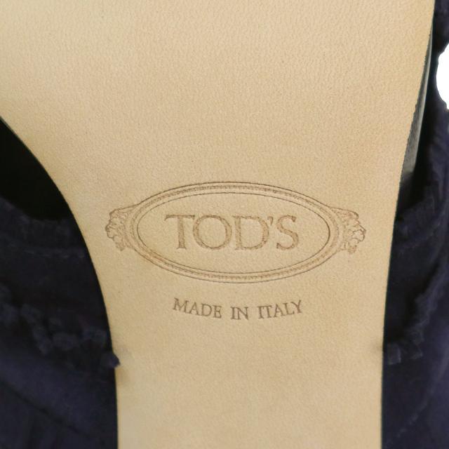 （未使用　展示品）トッズ TOD’S フリンジ クロス ヒール サンダル 靴 スウェード レザー #37.5 24.5cm ネイビー 紺 XXW43B0CL40HR0U824 箱付