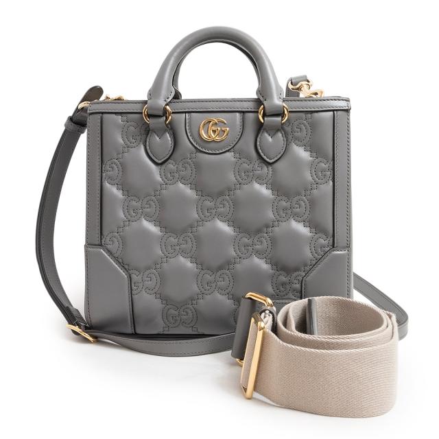 （未使用　展示品）グッチ GUCCI ミニ トップ ハンドルバッグ 3WAY ショルダー ハンドバッグ GGマトラッセ レザー グレー ゴールド金具 728309