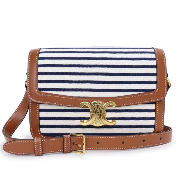 （未使用　展示品）セリーヌ CELINE クラシック トリオンフ ショルダーバッグ 斜め掛け カーフスキン レザー ストライプテキスタイル ホワイト ネイビー タン 茶 ゴールド金具 191242DKU.07AT
