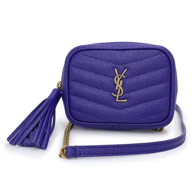 （未使用　展示品）サンローランパリ SAINT LAURENT PARIS ベイビー ルー フリンジ チェーン ショルダーバッグ ポシェット グレインドプードルエンボスレザー ブルー 青 ゴールド金具 635088