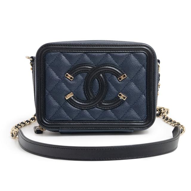 （未使用　展示品）シャネル CHANEL CCフィリグリー ミニ ヴァニティ チェーン ショルダーバッグ 斜め掛け キャビアスキン レザー ネイビー 紺 シャンパンゴールド金具 A84452