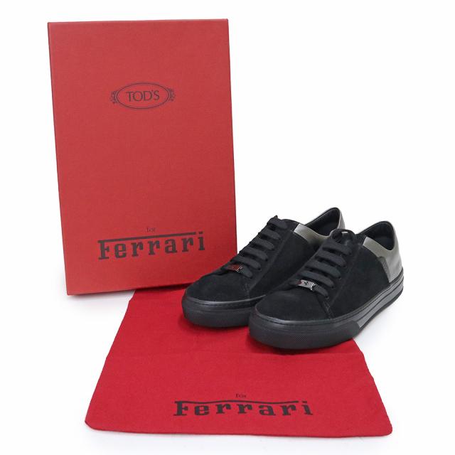 （未使用保管品）トッズ TOD’S Ferrari フェラーリ コラボ バイカラー メタリック シューズ 靴 スニーカー #38 25cm スウェード レザー ブラック シルバー 黒 ガンメタル金具 XRW0XK0P750EL74206 箱付_1