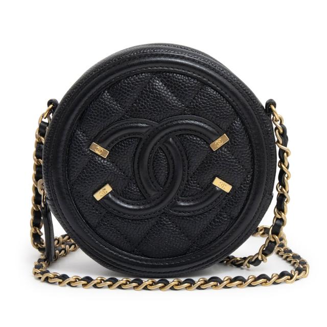 （未使用　展示品）シャネル CHANEL CCフィリグリー ラウンド ミニ チェーン ショルダーバッグ 斜め掛け キャビアスキン レザー ブラック 黒 アンティークゴールド金具 AP0365