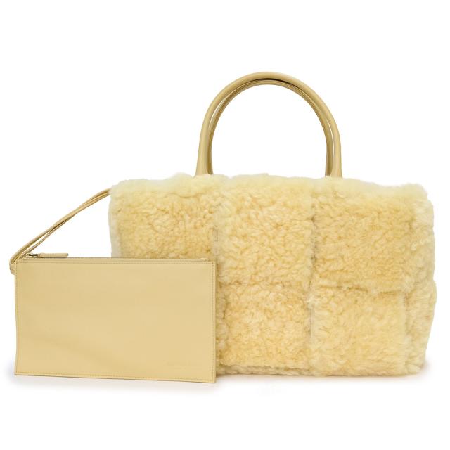 （新品・未使用品）ボッテガヴェネタ BOTTEGA VENETA イントレチャート スモール アルコ トート ハンドバッグ シアリング ラムスキン レザー イエロー 黄 ゴールド金具 652867