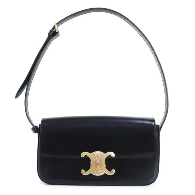 （未使用　展示品）セリーヌ CELINE トリオンフ クロード ショルダー ハンドバッグ シャイニーカーフスキン ラムスキン レザー ブラック 黒 ゴールド金具 194143BF4