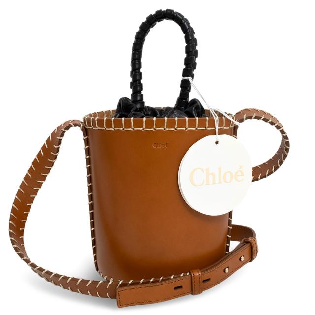 （未使用　展示品）クロエ Chloe ルエラ ミニ バケット 2Way ドローストリング ショルダー ハンドバッグ 斜め掛け カーフスキン ラムスキン レザー タン ブラウン 茶 ライトゴールド金具 CHC22US541