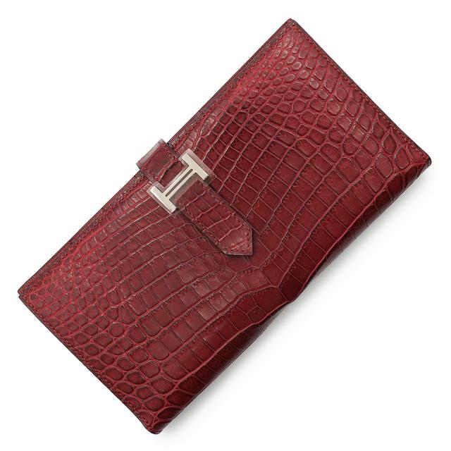 （未使用保管品）エルメス HERMES ベアン スフレ 二つ折り長財布 クロコダイル ニロティカス エキゾチックレザー ルージュアッシュ レッド 赤 シルバー金具 □L刻印