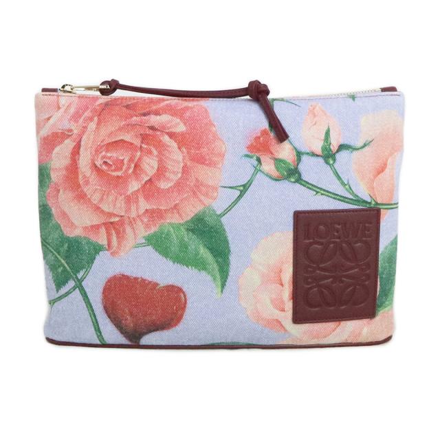 （新品・未使用品）ロエベ LOEWE ローズ オブロングポーチ クラッチ セカンドバッグ コットンリネン マルチカラー ブルー ピンク 青 ゴールド金具 C630C63X04