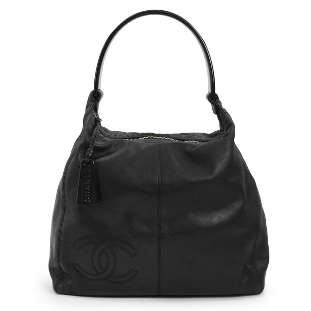（中古）シャネル CHANEL ダブルステッチ ココマーク プラスチックハンドル ホ—ボ— トート ワンショルダーバッグ ラムスキン レザー ブラック 黒 アンティークゴールド金具