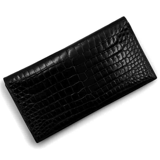 （中古）エルメス HERMES MC2 フレミング 二つ折り財布 札入れ ポロサス クロコダイル エキゾチックレザー Noir ノワール ブラック 黒 ◯V刻印
