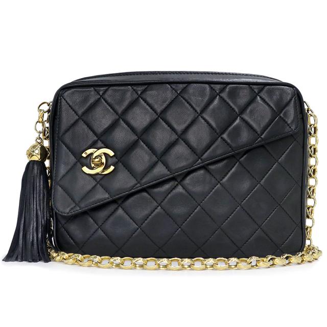 （中古）シャネル CHANEL マトラッセ チェーン ショルダーバッグ タッセル フリンジ 斜め掛け ラムスキン レザー ブラック 黒 ゴールド金具