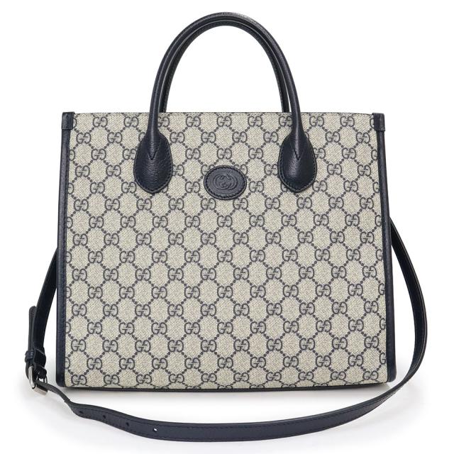 （新品・未使用品）グッチ GUCCI インターロッキングG スモール トート 2way ショルダー ハンドバッグ 斜め掛け GGスプリームキャンバス レザー ブルー ベージュ 青 紺 アンティークシルバー金具 659983