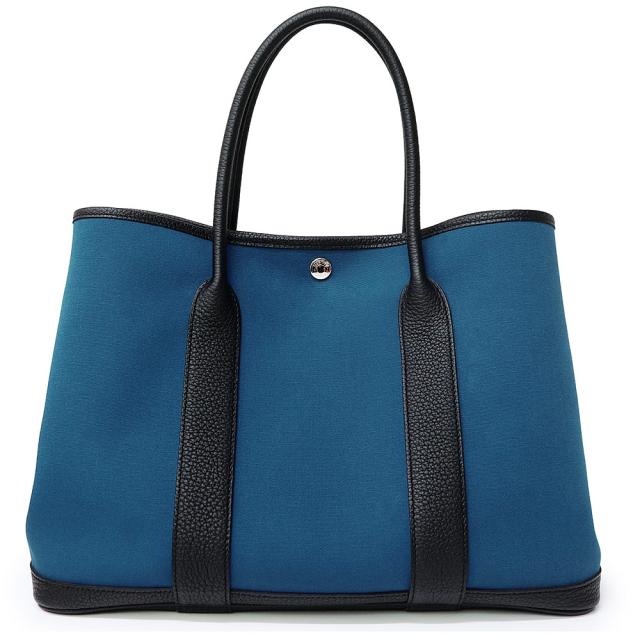 （美品）エルメス HERMES ガーデンパーティ 36 PM  ハンドバッグ トワルオフィシエ キャンバス ネゴンダ レザー Bleu Outremer  ブルーウートルメール Noir  ノワール  青 黒 シルバー金具 A刻印 箱付