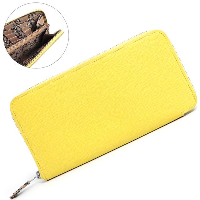 （美品）エルメス HERMES アザップロング シルクイン フィル ダルジャン Fil Dargent ラウンドファスナー 長財布 ヴォーエプソン レザー スフレ アルジル イエロー ベージュ 黄 シルバー金具 T刻印