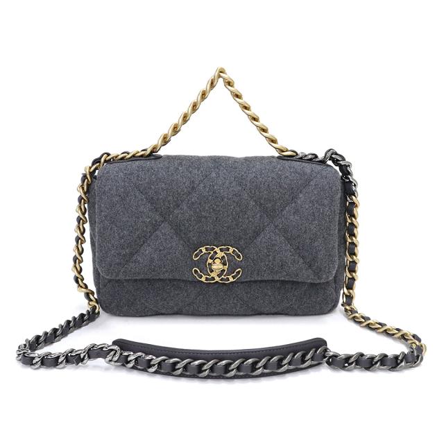 （未使用　展示品）シャネル CHANEL 19 マトラッセ チェーン 2way ショルダー ハンドバッグ 斜め掛け ウール グレー アンティークゴールド アンティークシルバー金具 AS1160