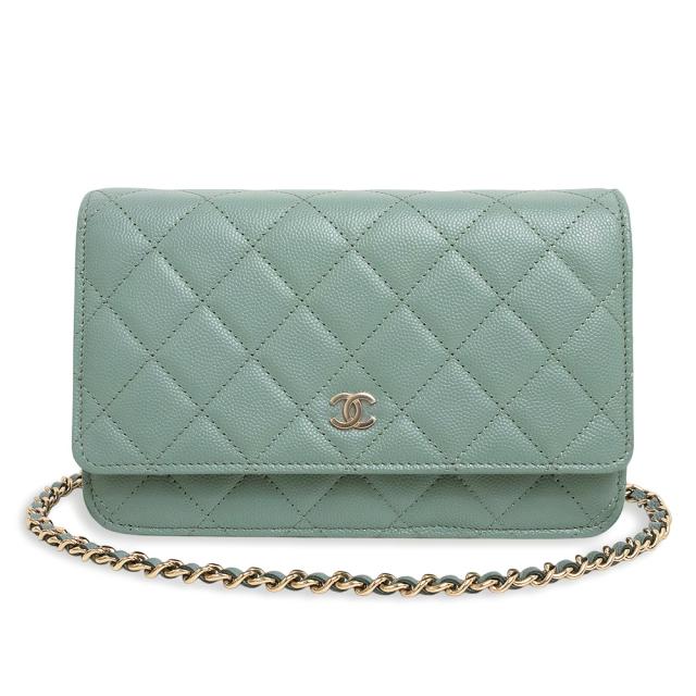 （新品・未使用品）シャネル CHANEL マトラッセ クラシック ココマーク チェーンウォレット 長財布 ショルダーバッグ 斜め掛け キャビアスキン レザー ミントグリーン 青 緑 シャンパンゴールド金具 AP0250