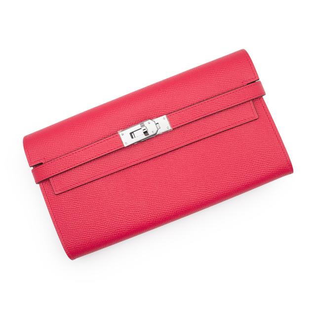 （新品・未使用品）エルメス HERMES ケリーウォレット ロング 二つ折り長財布 ヴォーエプソン レザー ローズエクストリーム ピンク シルバー金具 A刻印 箱付