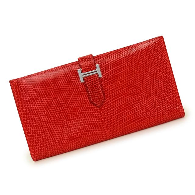（未使用保管品）エルメス HERMES ベアン クラシック 二つ折り長財布 リザード エキゾチックレザー ルージュエキゾチック レッド 赤 シルバー金具 □H刻印 箱付