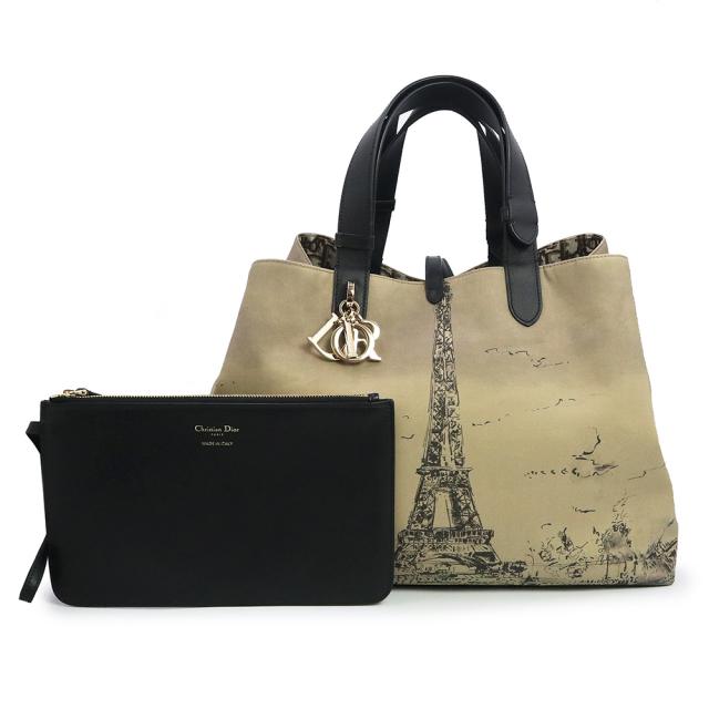 （美品）クリスチャンディオール Christian Dior トゥジュール エッフェル塔 オブリーク ラージ ハンド トートバッグ キャンバス カーフスキン レザー ベージュ ブラック M2820OZBP