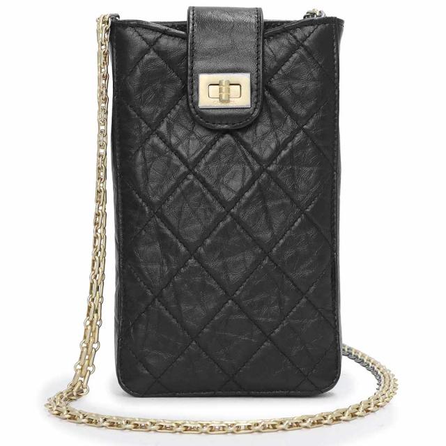 （新品・未使用品）シャネル CHANEL 2.55 マトラッセ チェーンショルダー スマートフォン スマホ 携帯 ケース ポーチ 斜め掛け カーフスキン レザー ブラック アンティークゴールド金具 AP1264