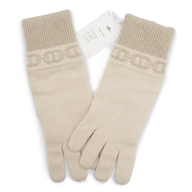（新品・未使用品）エルメス HERMES ヘヴン シェーヌ ダンクル ニット 手袋 グローブ Lサイズ カシミヤ99% エラスタン1% クリーム クレーム サーブル ベージュ 箱付