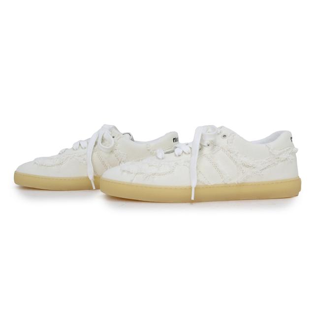 （新品・未使用品）ミュウミュウ miu miu ウォッシュド デニム フリンジ ロゴ スニーカー シューズ 靴 #37.5 24.5cm コットン ホワイト 5E325E 箱付