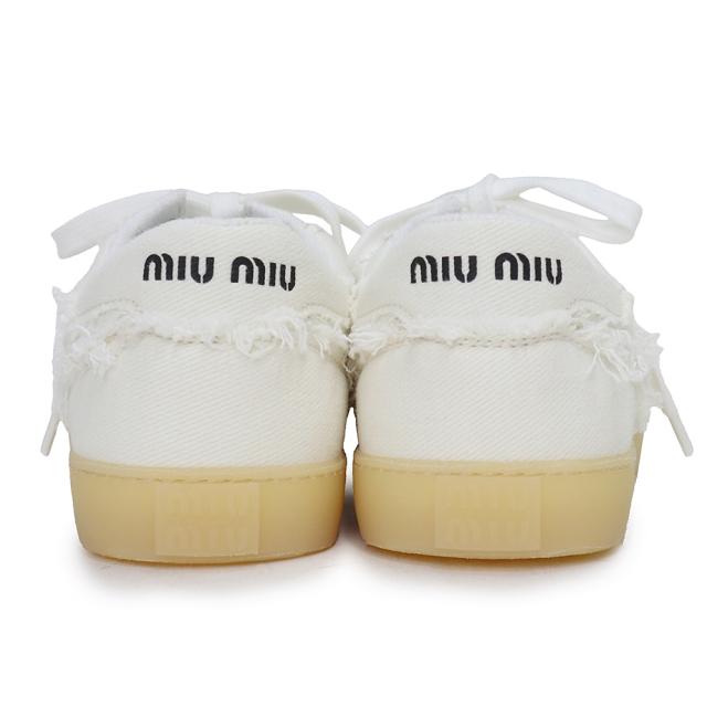 （新品・未使用品）ミュウミュウ miu miu ウォッシュド デニム フリンジ ロゴ スニーカー シューズ 靴 #37.5 24.5cm コットン ホワイト 5E325E 箱付