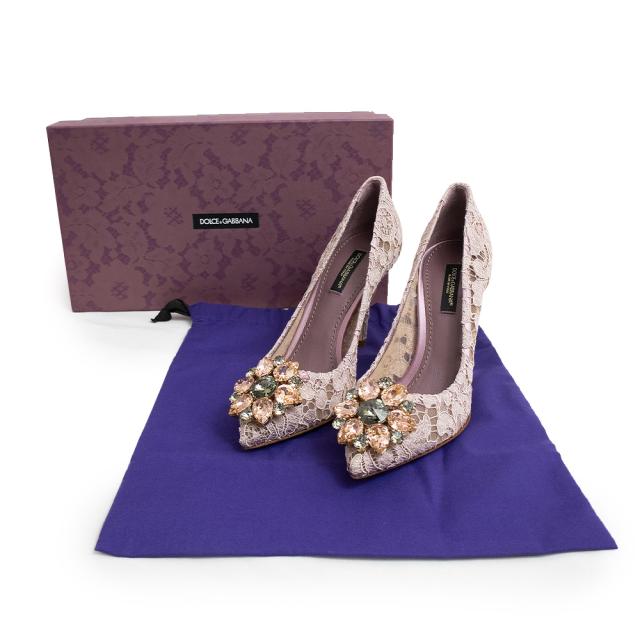 （未使用保管品）ドルチェアンドガッバーナ DOLCE&GABBANA レインボー ブローチ Bellucci パンプス 靴 22.5cm レース ゴートスキン パープル ゴールド金具 CD0066AL19887142 箱付
